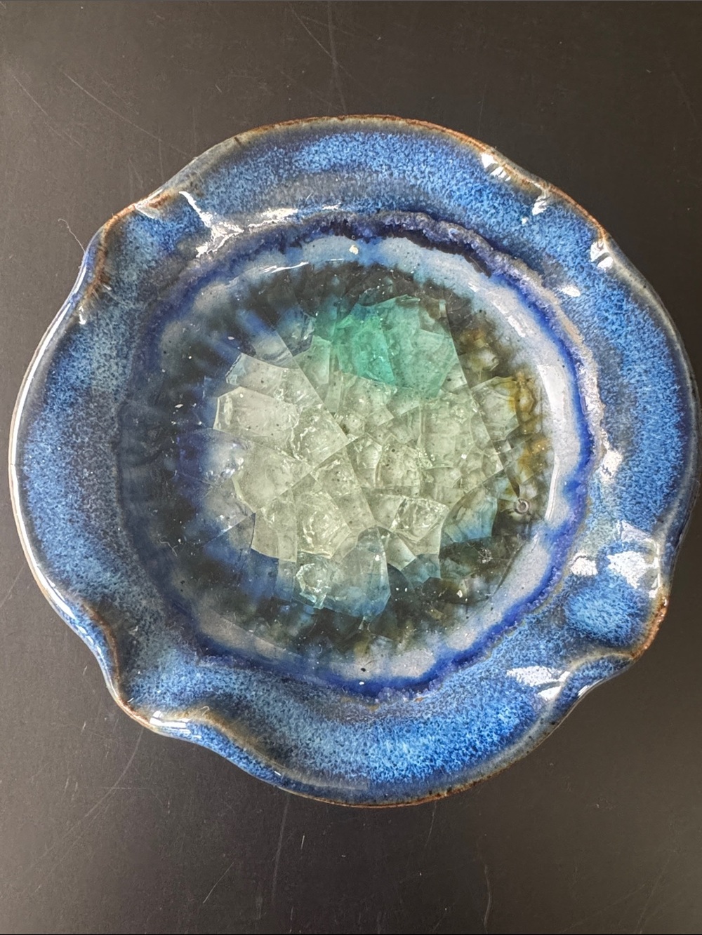Blue Ceramic Decorative Bowl with Glass Accent/ jewelry dish